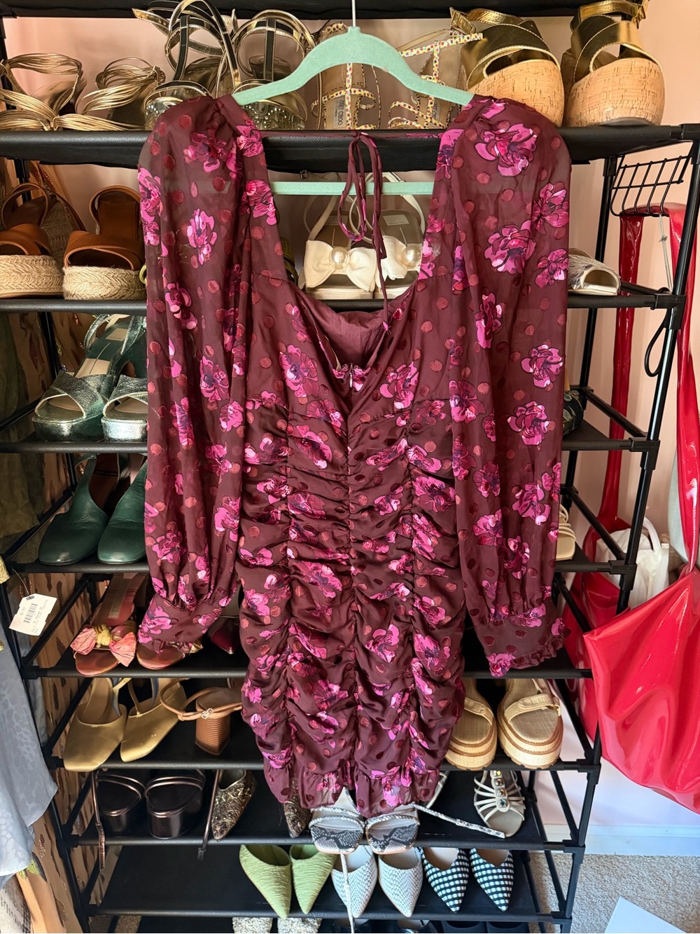 ASTR Burgundy Mini Dress with Pink Floral Print - Picture 3 of 3
